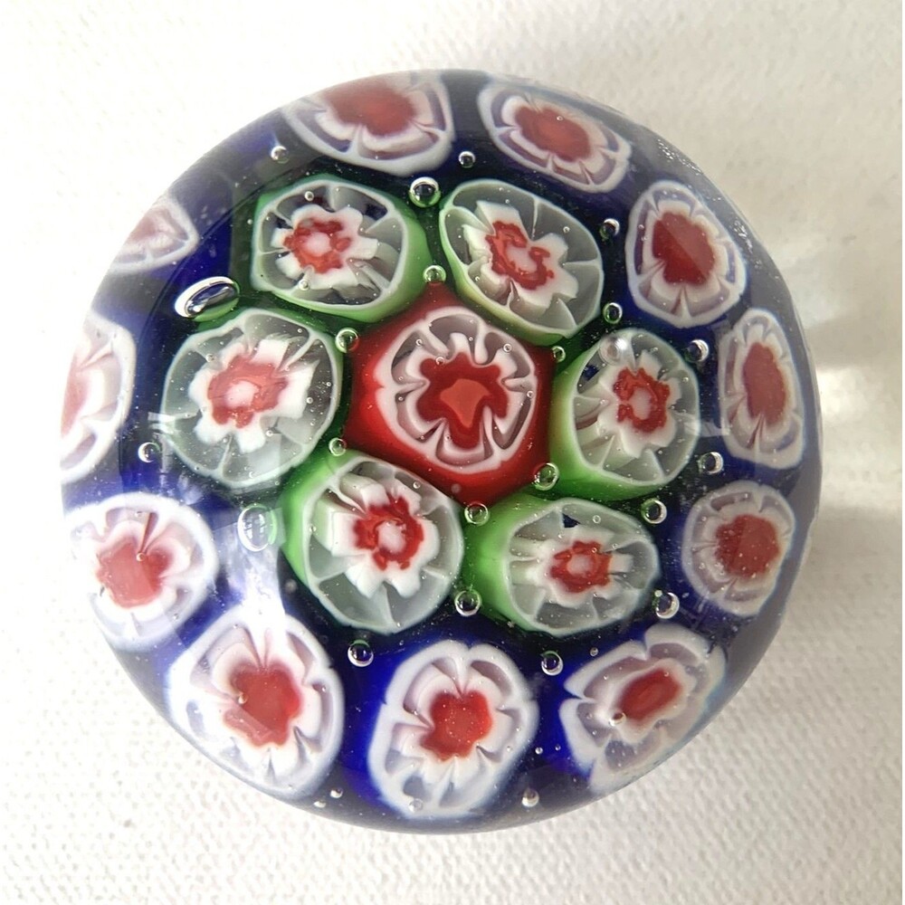 Vintage Small Cane Blue Red White Green Millefiori Art Glass Paperweight 2.25"